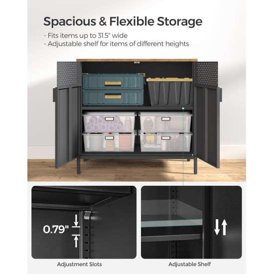 SONGMICS Storage Cabinet, Metal Cabinet, Sideboard with 2 Doors, 15.7 x 31.5 x 29.9 Inches, Magnetic Closure, Adjustable Shelf, Steel Frame, Rustic Brown and Black ULSC102B01