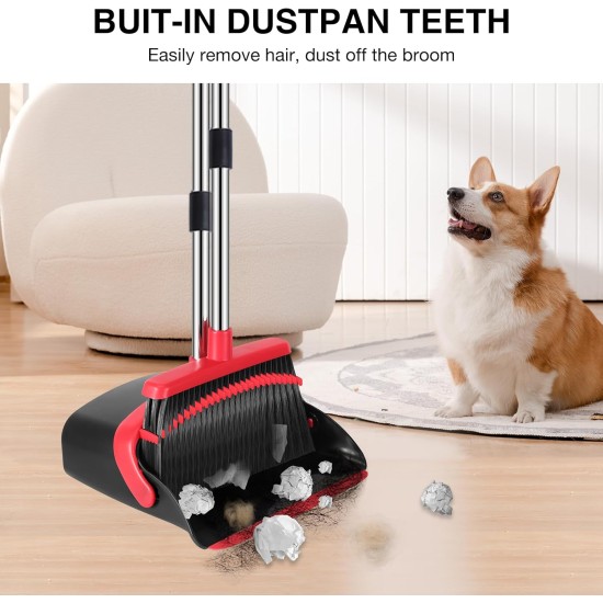 NACENA Broom and Dustpan Set, 52-in Long Adjustable Handle Broom Dustpan Combo with Dustpan Teeth to Automatically Clean Hair Suitable for Home Kitchen Office Hall Floor（Black&Red）