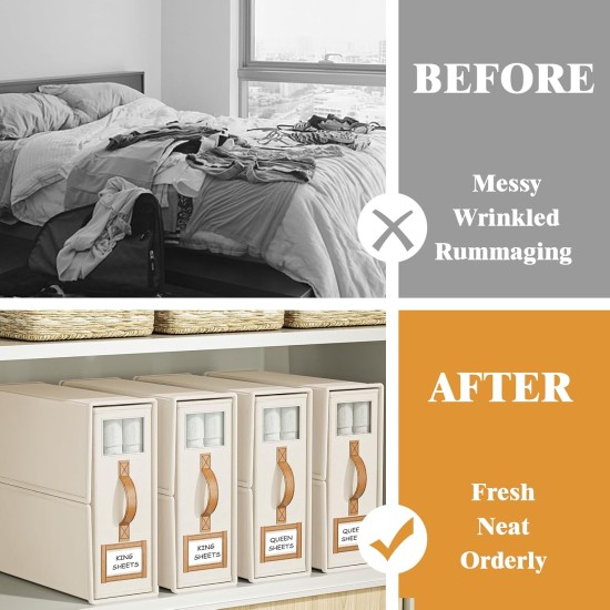 4 Pack Foldable Bed Sheets Set Organizers and Storage(King & Queen Size),Linen Fabric Closet Organizers with Window,Folding Bedding Storage Box for Bedsheets and Pillow Cube Organizer-Beige 4 Pack Foldable Bed Sheets Set Organizers and Storage(King & Queen Size),Linen Fabric Closet Organizers with Window,Folding Bedding Storage Box for Bedsheets and Pillow Cube Organizer-Beige