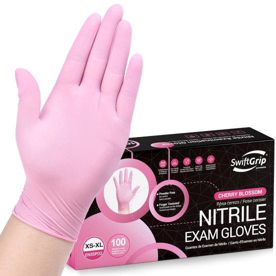Pink Nitrile Gloves, 3-mil, Industrial Gloves Disposable Latex Free, for Cleaning & Esthetician, Rubber Powder-Free, 100-ct Box (Medium)