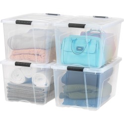 IRIS USA 72 QT Plastic Storage Box with Lid and Latches - 4 Pack - BPA-Free, See-Through Organizing Solution, Durable Nestable Stackable Containers, Secure Pull Handle - Clear
