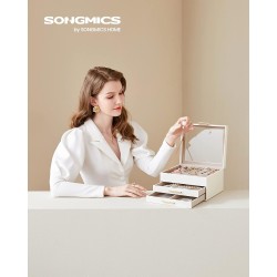 SONGMICS GISELLA Collection - Jewelry Box Organizer, 3-Layer Jewelry Storage with 2 Drawers, Shiny Metal Hardware, Glass Lid, Modern, 8 x 9.1 x 5.3 Inches, Cloud White and Gold Color UJBC239WT