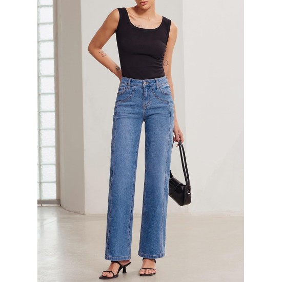 Sidefeel Women's Wide Leg Jeans High Waisted Stretchy Jeans Straight Leg Trendy Patchwork Loose Fit Denim Pants