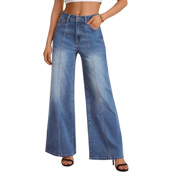 Trendy Queen Women's Wide Leg Baggy Jeans - High Waisted Relaxed Fit Pants, Super Soft Stretch Denim with Front Seam