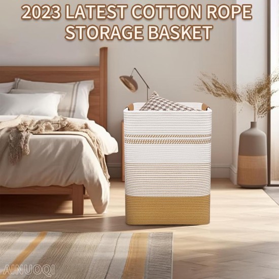 Laundry Hamper Large Laundry Basket with Leather Handles, Decorative Storage Cotton Rope Woven Basket for Blankets, Clothes Hamper for Living Room, Jute & White, 85L