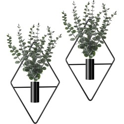 Jexine 4 Pcs Hanging Planters with Artificial Eucalyptus Metal Hanging Vase Indoor Plants Holder Modern Geometric Boho Bathroom Wall Decor for Living Room Home Office(Black)