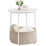 VASAGLE LILEA Collection - Small Round Side End Table, Modern Nightstand with Fabric Basket, Matte White and Camel Brown ULET223W10