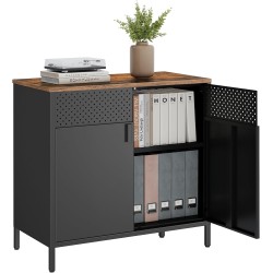 SONGMICS Storage Cabinet, Metal Cabinet, Sideboard with 2 Doors, 15.7 x 31.5 x 29.9 Inches, Magnetic Closure, Adjustable Shelf, Steel Frame, Rustic Brown and Black ULSC102B01
