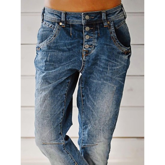 Flamingals Women's Stretchy Straight Leg Casual Mid Rise Jeans Wash Button Fly Stitch Detail 90s Trendy Denim Jeans