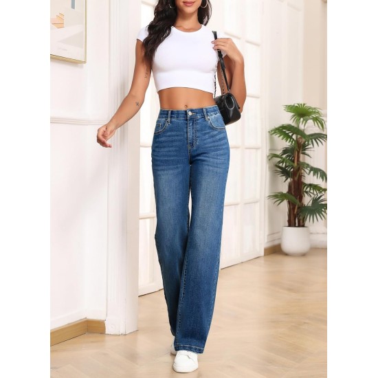 Sidefeel Women's Wide Leg Jeans High Waisted Tummy Control Stretchy Straight Leg Elastic Waist Trendy Denim Pants Sidefeel Women's Wide Leg Jeans High Waisted Tummy Control Stretchy Straight Leg Elastic Waist Trendy Denim Pants