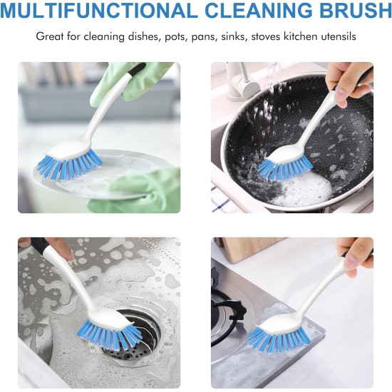 SetSail Dish Brush with Handle, 2 Pack Stiff Bristles Dish Scrubber with Built-in Scraper Dish Scrub Brushes for Cleaning Dishes, Pots and Pans, Kitchen Sink