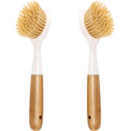2 Pack Kitchen Dish Brush Bamboo Handle Dish Scrubber Built-in Scraper, Scrub Brush for Pans, Pots, Kitchen Sink Cleaning, Dishwashing and Cleaning Brushes are Perfect Cleaning Tools, White