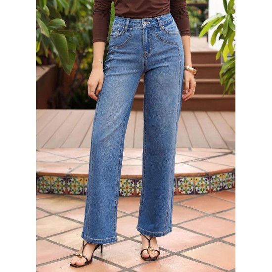 Sidefeel Women's Wide Leg Jeans High Waisted Stretchy Jeans Straight Leg Trendy Patchwork Loose Fit Denim Pants