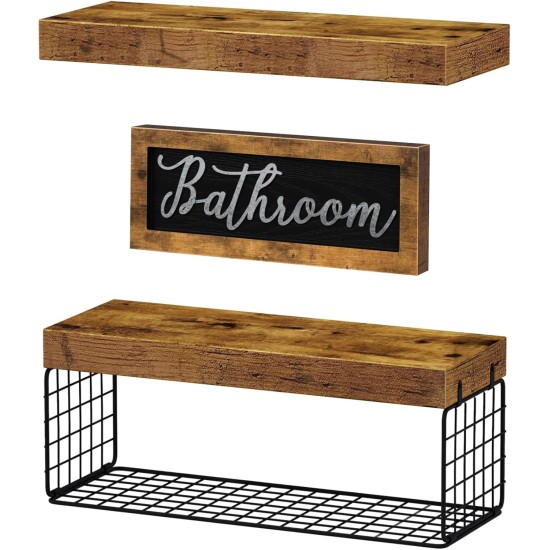 QEEIG ‎Bathroom Shelves Over Toilet - Paper Storage Wall Mounted Farmhouse Decor Decorations Aesthetic Décor Sign Small Floating Shelf 2+1 Set 16 inch, Rustic Brown (020BN)