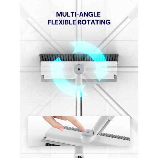 Floor Scrub Brush with Long Handle, 3 in 1 Scrape and Heavy-Duty Stiff Bristle Floor Scrubber Brush with Squeegee and Tweezer for Cleaning Tile Wall Deck Bathroom Patio Garage Kitchen (White)