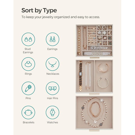 SONGMICS GISELLA Collection - Jewelry Box Organizer, 3-Layer Jewelry Storage with 2 Drawers, Shiny Metal Hardware, Glass Lid, Modern, 8 x 9.1 x 5.3 Inches, Cloud White and Gold Color UJBC239WT SONGMICS GISELLA Collection - Jewelry Box Organizer, 3-Layer Jewelry Storage with 2 Drawers, Shiny Metal Hardware, Glass Lid, Modern, 8 x 9.1 x 5.3 Inches, Cloud White and Gold Color UJBC239WT