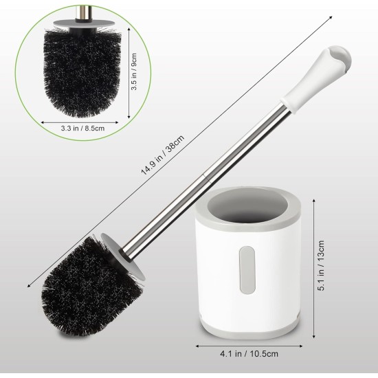 Compact Toilet Brush & Holder, Stainless Steel Handle, Space Saving for Storage, Deep Cleaning, Drip-Proof, Easy to Assemble, Nylon Bristles, White & Grey