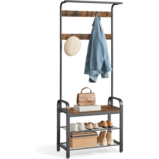 VASAGLE Coat Rack, Hall Tree with Shoe Bench for Entryway, Entryway Bench with Coat Rack, 4-in-1, with 9 Removable Hooks, a Hanging Rod, 13.3 x 28.3 x 72.1 Inches, Rustic Brown and Black UHSR40B