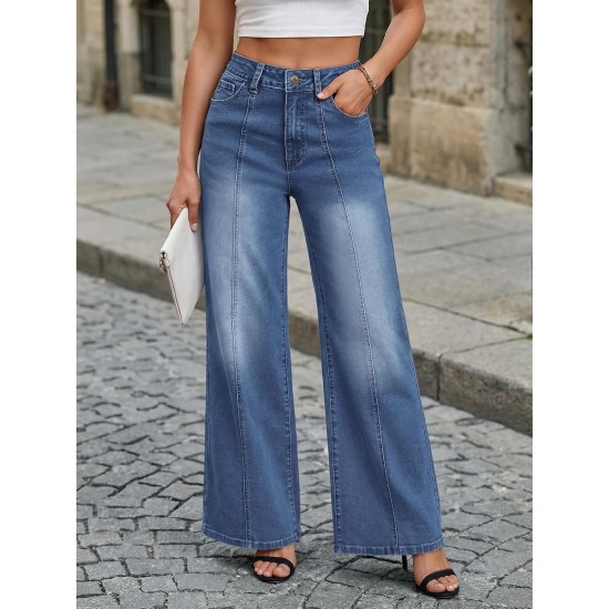 Trendy Queen Women's Wide Leg Baggy Jeans - High Waisted Relaxed Fit Pants, Super Soft Stretch Denim with Front Seam