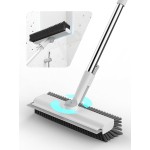 Floor Scrub Brush with Long Handle, 3 in 1 Scrape and Heavy-Duty Stiff Bristle Floor Scrubber Brush with Squeegee and Tweezer for Cleaning Tile Wall Deck Bathroom Patio Garage Kitchen (White)