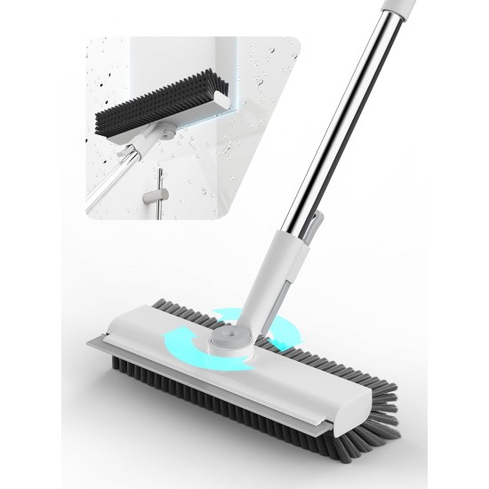 Floor Scrub Brush with Long Handle, 3 in 1 Scrape and Heavy-Duty Stiff Bristle Floor Scrubber Brush with Squeegee and Tweezer for Cleaning Tile Wall Deck Bathroom Patio Garage Kitchen (White)