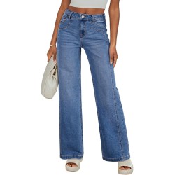 Sidefeel Women's Wide Leg Jeans High Waisted Stretchy Jeans Straight Leg Trendy Patchwork Loose Fit Denim Pants