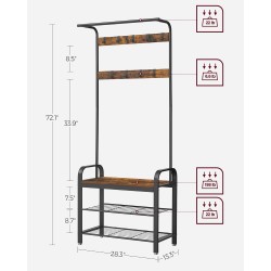 VASAGLE Coat Rack, Hall Tree with Shoe Bench for Entryway, Entryway Bench with Coat Rack, 4-in-1, with 9 Removable Hooks, a Hanging Rod, 13.3 x 28.3 x 72.1 Inches, Rustic Brown and Black UHSR40B