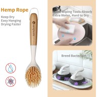 2 Pack Kitchen Dish Brush Bamboo Handle Dish Scrubber Built-in Scraper, Scrub Brush for Pans, Pots, Kitchen Sink Cleaning, Dishwashing and Cleaning Brushes are Perfect Cleaning Tools, White