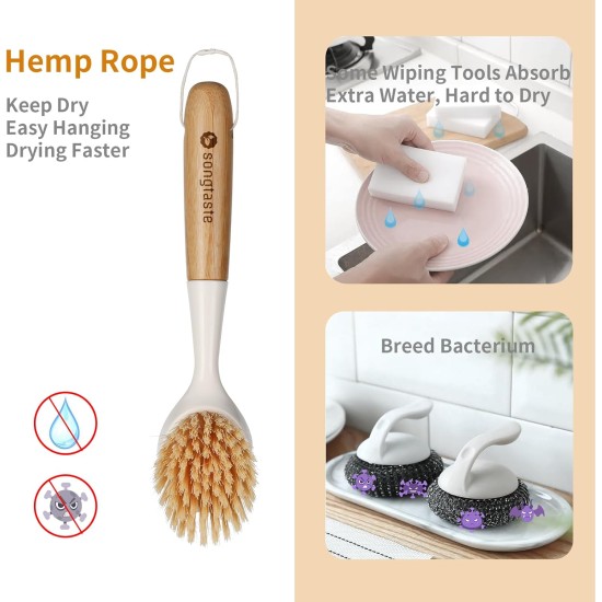 2 Pack Kitchen Dish Brush Bamboo Handle Dish Scrubber Built-in Scraper, Scrub Brush for Pans, Pots, Kitchen Sink Cleaning, Dishwashing and Cleaning Brushes are Perfect Cleaning Tools, White 2 Pack Kitchen Dish Brush Bamboo Handle Dish Scrubber Built-in Scraper, Scrub Brush for Pans, Pots, Kitchen Sink Cleaning, Dishwashing and Cleaning Brushes are Perfect Cleaning Tools, White