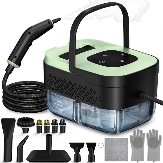 Steam Cleaner, Portable Steamer for Cleaning with 16pcs Accessories, 6-Level Adjustable, 15s Heat-Up, Handheld Steam Cleaner for Home for Tile, Grease, Dirt, Grout, Car Detailing, Green