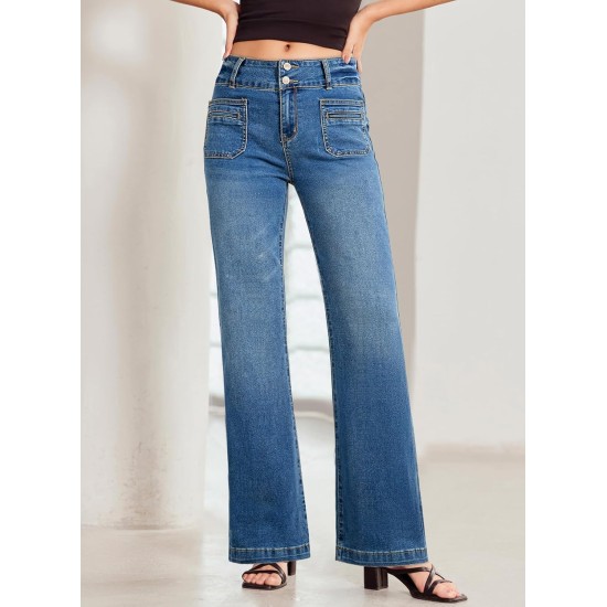 Sidefeel Women's Wide Leg Jeans High Waisted Tummy Control Stretchy Pockets Front Straight Leg Jeans Sidefeel Women's Wide Leg Jeans High Waisted Tummy Control Stretchy Pockets Front Straight Leg Jeans