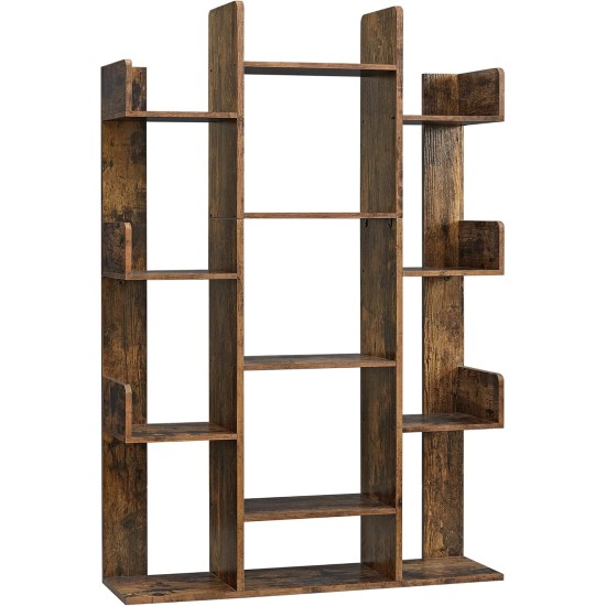VASAGLE Bookshelf, Tree-Shaped Bookcase with 13 Storage Shelves, Rounded Corners, 9.8”D x 33.9”W x 55.1”H, Rustic Brown ULBC67BXV1 VASAGLE Bookshelf, Tree-Shaped Bookcase with 13 Storage Shelves, Rounded Corners, 9.8”D x 33.9”W x 55.1”H, Rustic Brown ULBC67BXV1
