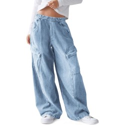 Haloumoning Girls Jeans Baggy Wide Leg Elastic High Waisted Denim Pants Y2K Boyfriend Jeans with Pockets 5-14Y