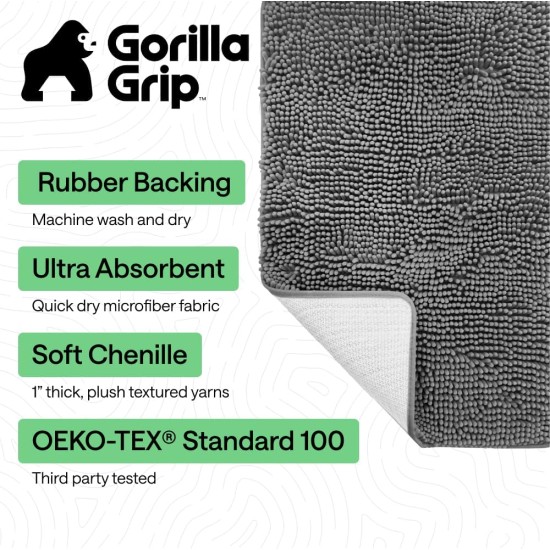 GORILLA GRIP Bath Rug Mat, Thick Soft Absorbent Chenille, Quick Dry Microfiber Mats, Rubber Backing Washable Shower Floor Rugs, US Designed Bathroom Bathmat Home Decor Accessories, 24x17, Grey GORILLA GRIP Bath Rug Mat, Thick Soft Absorbent Chenille, Quick Dry Microfiber Mats, Rubber Backing Washable Shower Floor Rugs, US Designed Bathroom Bathmat Home Decor Accessories, 24x17, Grey