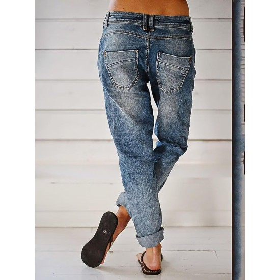 Flamingals Women's Stretchy Straight Leg Casual Mid Rise Jeans Wash Button Fly Stitch Detail 90s Trendy Denim Jeans