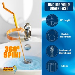FlexiSnake Drain Weasel Sink Snake Hair Clog Remover Tool, Pipe, Bathroom, Bathtub Cleaner, 18-inch, Made in the USA, 5 Wands and Removable Handle