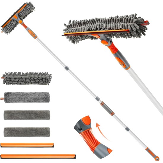 Eazer Squeegee Window Cleaner Tool, 2 in 1 Rotatable Window Cleaning Squeegee Kit with Extension Pole, 62'' Window Washing Kit, Bendable Head for Car Glass - 2 Scraper