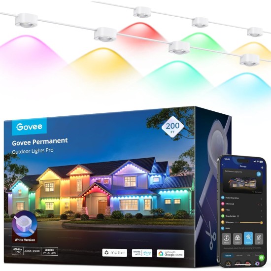 Govee Permanent Outdoor Lights Pro, 200ft with 120 RGBIC LED Lights for Daily and Accent Lighting, 75 Scene Modes for Outdoor Decor, IP67 Waterproof, Works with Alexa, Google Assistant, Matter, White