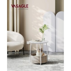 VASAGLE LILEA Collection - Small Round Side End Table, Modern Nightstand with Fabric Basket, Matte White and Camel Brown ULET223W10