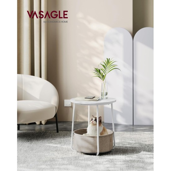 VASAGLE LILEA Collection - Small Round Side End Table, Modern Nightstand with Fabric Basket, Matte White and Camel Brown ULET223W10