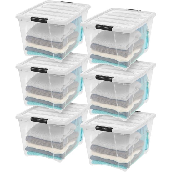 IRIS USA 6-Pack 54 Quart Stackable Storage Bins with Lids [Made in USA] - Everyday Organizer Latching Clear Plastic Organization Containers Closet Bedroom Shelving Units Home Storage - Clear/White