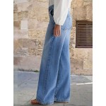 Flamingals Wide Leg Jeans for Women Mid Waist Baggy Stitch Decor Denim Washed Pants Without Belt Flamingals Wide Leg Jeans for Women Mid Waist Baggy Stitch Decor Denim Washed Pants Without Belt