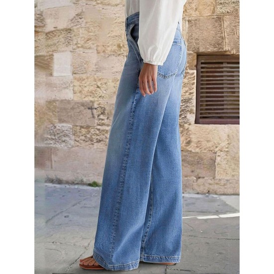 Flamingals Wide Leg Jeans for Women Mid Waist Baggy Stitch Decor Denim Washed Pants Without Belt Flamingals Wide Leg Jeans for Women Mid Waist Baggy Stitch Decor Denim Washed Pants Without Belt
