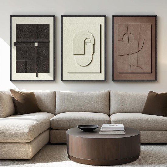 Framed Abstract 3D Textured Wall Art for Living Room, 3 Piece Modern Neutral Artwork for Walls, Brown White Geometric Sandstone Textured Painting for Bedroom, Home Office Decor-Total Size 30x60 Inch