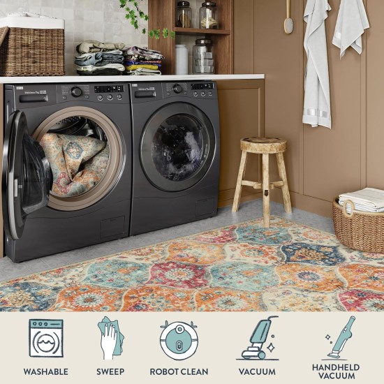 Lahome Moroccan Trellis Washable Rug, 2x3 Kitchen Rugs for Entryway Bathroom, Non-Slip Indoor Door Mat Ultra-Thin, Small Oriental Throw Carpet for Bedroom Entry Elise, Cream/Multi