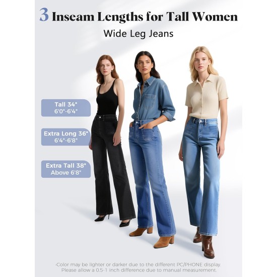 SEVEGO Tall Women's 34"/36"/38" Inseam Wide Leg Jeans High Waisted Stretchy Straight Loose Trendy Denim Pants Pockets SEVEGO Tall Women's 34"/36"/38" Inseam Wide Leg Jeans High Waisted Stretchy Straight Loose Trendy Denim Pants Pockets