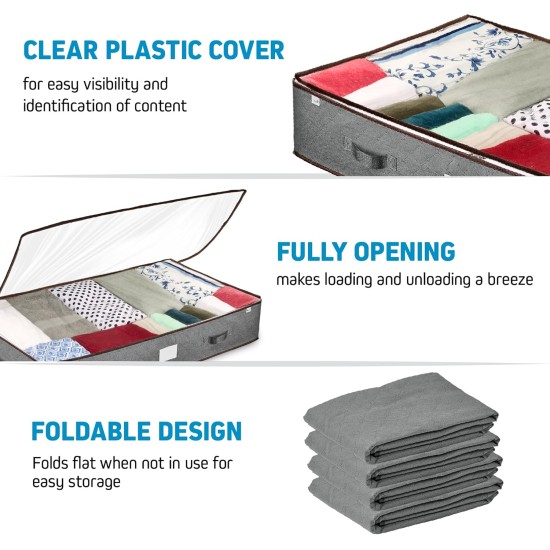 Under Bed Storage Bins - Pack Of 4 Under The Bed Storage Containers For Clothes, Blankets, Winter Clothing, & Shoes - Underbed Storage Containers With Handles, Dual Zippers, & Clear Top