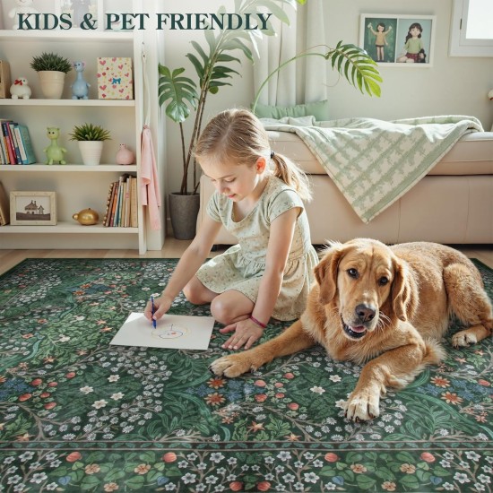 Lahome Floral Dark Green Area Rugs 5x7, Soft Washable Rugs for Living Room Bedroom, Boho Non Slip Low Pile Forest Giverny Carpet for Farmhouse Dining Room Office, Dark Green