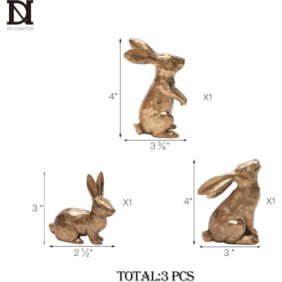 DN DECONATION Golden Polyresin Bunny Decor Rabbit Figurines, Easter Bunny Statue Set of 3 for Spring Tabletop Decor