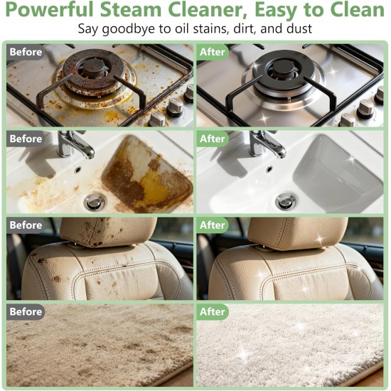 Steam Cleaner, Portable Steamer for Cleaning with 16pcs Accessories, 6-Level Adjustable, 15s Heat-Up, Handheld Steam Cleaner for Home for Tile, Grease, Dirt, Grout, Car Detailing, Green